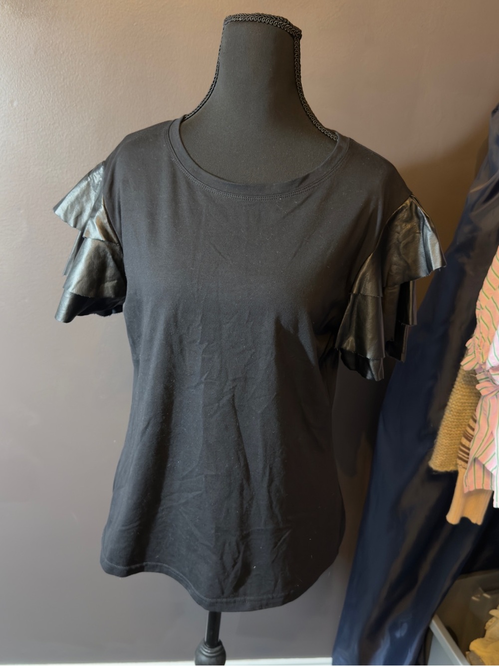 Women’s Black Short Sleeve Top with Layered Ruffle Sleeves